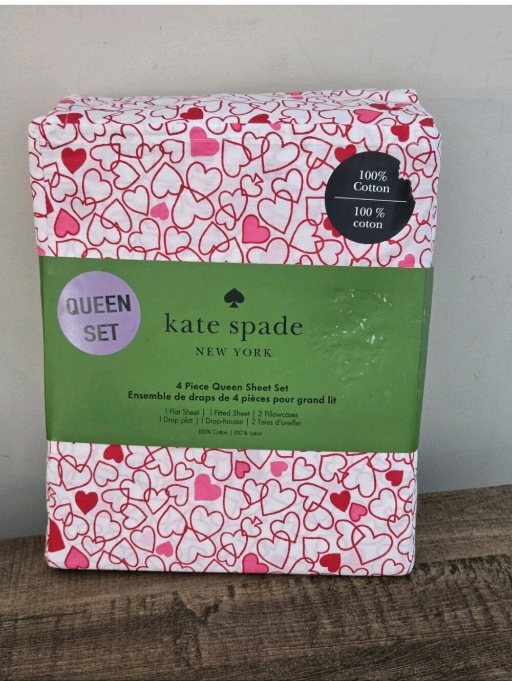 Kate Spade Queen Sheet Set Pink Red Outline Heart 3 Pc Cotton Love Valentine Day